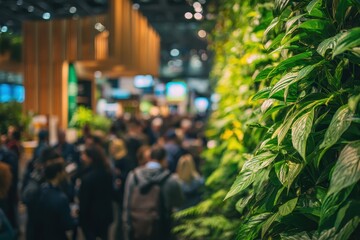 Lush vertical garden display enhances atmosphere at vibrant trade show with attendees exploring green innovations