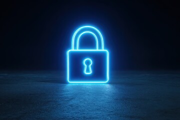 Glowing digital lock symbol shines brightly on a neon blue background in a dark setting, representing security and modern technology in a visually striking design