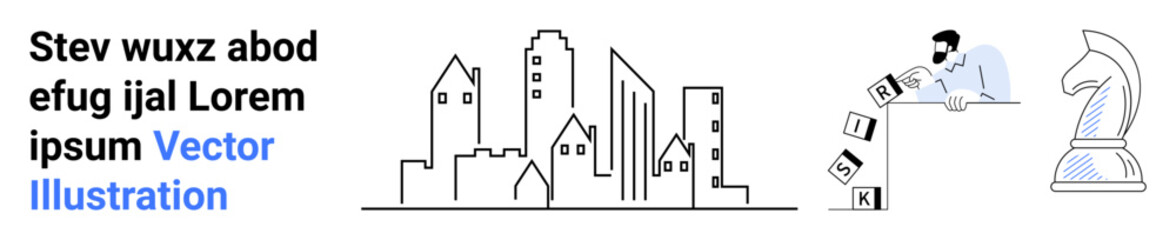 Business strategy, creativity, urban planning, leadership, innovation, decision-making. a city skyline, man building blocks and a chess knight. Business strategy and creativity © robu_s