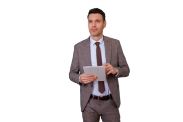 Businessman reviewing data on digital tablet, planning future strategies for business growth, transparent background