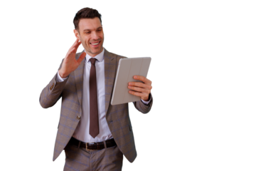 Businessman having video call, waving hand and smiling, communicating remotely using digital tablet, transparent background