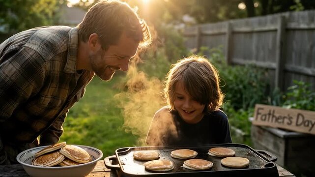 Man and boy cook pancakes on an electric griddle in a sunlit backyard for a Father's Day moment. Steam rises from hot batter and a bowl of pancakes sits nearby. The scene conveys warmth, family bondin