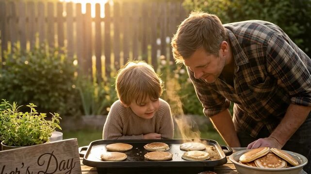 Father and son cook pancakes on a griddle at a backyard table during golden hour. A wooden crate labeled Father's Day and fresh herbs add homey context to the outdoor breakfast