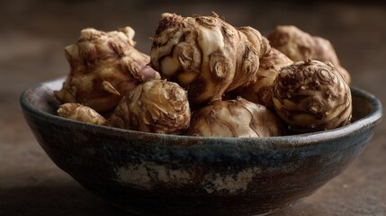 Fototapeta premium A ceramic bowl filled with fresh, raw Jerusalem artichokes, also known as sunchokes, placed on a rustic surface. This root vegetable is known for its nutty flavor and is a versatile ingredient in culi