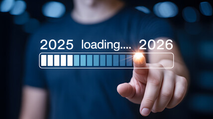 A man in a blue shirt interacting with a futuristic loading bar on a screen