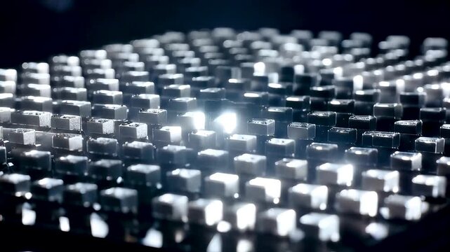 Reflective metallic grid of raised square elements under sharp studio lighting creating a precise industrial surface with depth and symmetry