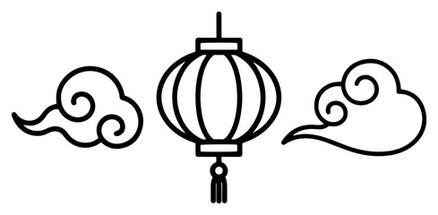 Chinese lantern and clouds vector illustration. Traditional Asian hanging lamp with decorative sky elements in line art style.