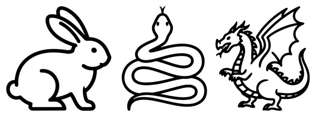 Obraz premium Chinese Zodiac animals vector set. Rabbit, snake and dragon symbols for horoscope and astrology in line art.