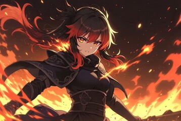 Fiery anime character with glowing red eyes and dark flowing hair amidst a blazing inferno
