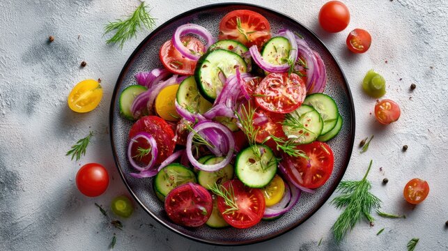 A vibrant and colorful vegetable salad featuring slices of cucumbers, tomatoes, and red onions, garnished with fresh dill. Perfect for a healthy and refreshing meal. Photographed on a modern grey back