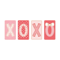 Four pink quilted patches spell out xoxo with charming details perfect for valentine s designs on transparent background