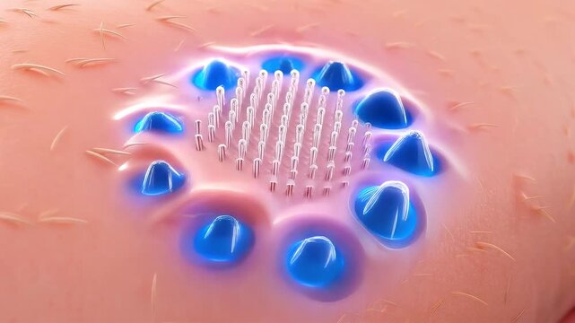 Microneedle skin patch embedded on human surface with glowing nodes and precise biomedical design under soft clinical lighting