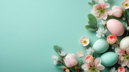 Colorful Easter eggs sit among flowers on a light blue background. The scene captures the spirit of spring and the joy of the Easter season with natural elements.