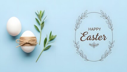 Easter eggs and greenery on light blue background with happy easter greeting