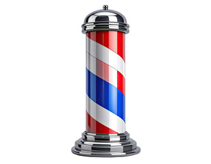 A classic barber pole, a cylindrical fixture, with rotating red, white, and blue stripes