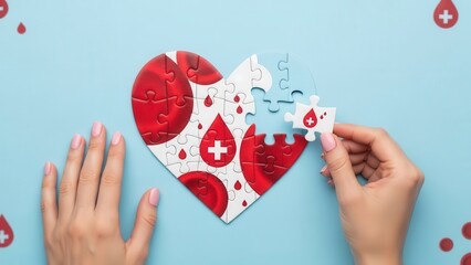 Red jigsaw puzzle heart with white medical cross symbol and hands placing pieces on blue background. Blood donation awareness graphic for healthcare campaigns and donor day posters.