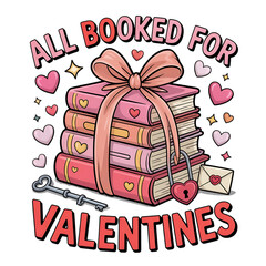 A stack of books tied with a ribbon hearts key and letter for valentines on transparent background