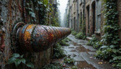 Weathered iron pipe with multicolored flaking paint (red, yellow, gray) in an overgrown urban alley