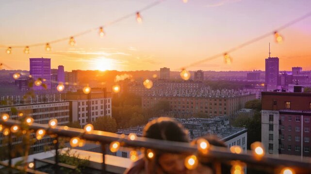 Mother and daughter wrapped in blankets share a warm hug on a rooftop balcony at sunset. Soft string lights and distant city skyline offer a cozy intimate family moment in the evening