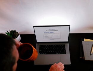 Middle Aged Man Takes Career Pathfinder Professional Assessment Tool for Occupational Suggestions Based on Personality Traits - Job Quiz Concept