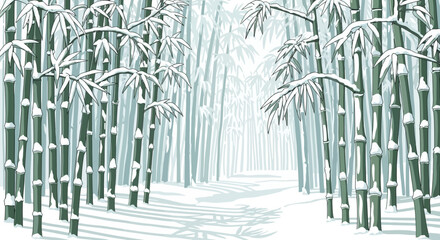 A serene and tranquil bamboo forest covered in a blanket of fresh white snow, with a path leading into the frosty distance.