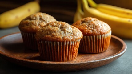 Three muffins are placed on a wooden plate beside ripe bananas. The scene shows a cozy kitchen atmosphere with warm lighting showcasing homemade snacks.
