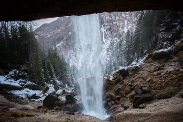 Pericnik waterfall in Vrata valley in Slovenia, winter landscape