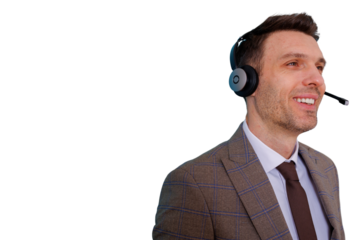 Smiling man wearing headset for customer service, telemarketing, and sales support, transparent background