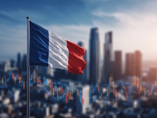 french flag with city skyline and economic graphs