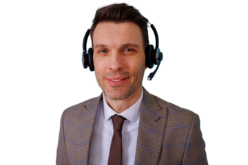 Professional businessman wearing headset, smiling, providing customer support or telemarketing service, transparent background