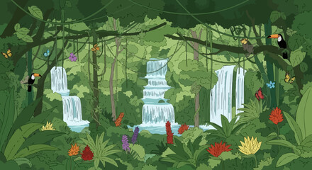 Vibrant illustration of a lush tropical jungle with multiple cascading waterfalls, exotic birds, and colorful butterflies amidst dense green foliage.