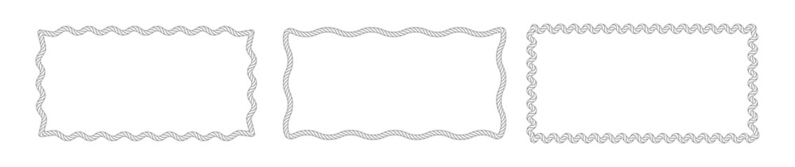 Set of braided nautical rope frames. Circular, oval and rectangular knot borders with marine lasso style for coastal design, retro labels and ornamental decor. Vector illustration. © Sviatlana