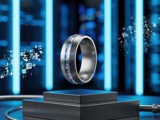 Futuristic smart ring with glowing blue lights and digital data streams floating around
