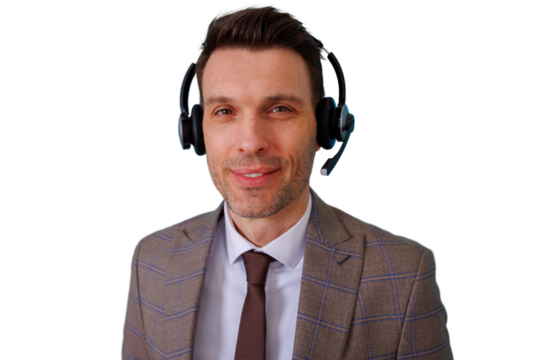 Professional businessman wearing headset, smiling, providing customer support or telemarketing service, transparent background - Powered by Adobe