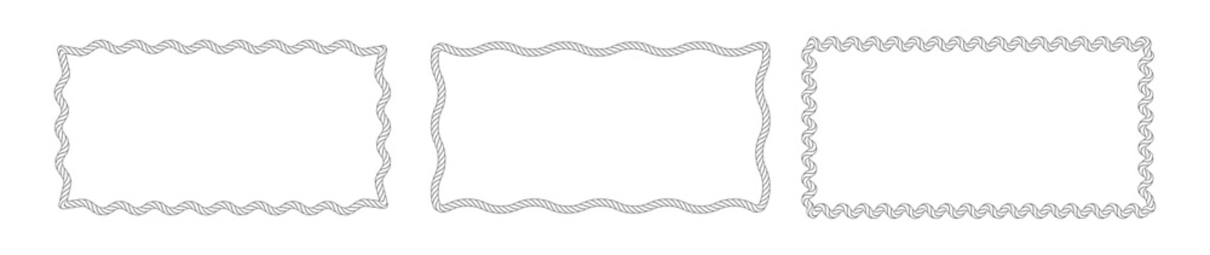 Set of braided nautical rope frames. Circular, oval and rectangular knot borders with marine lasso style for coastal design, retro labels and ornamental decor. Vector illustration.