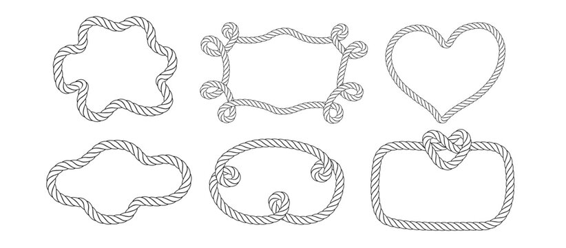 Nautical rope frames in various shapes circles, ovals, rectangles. Vector borders with braided knots perfect for maritime logos, sailor themed designs, and decorative rope elements.