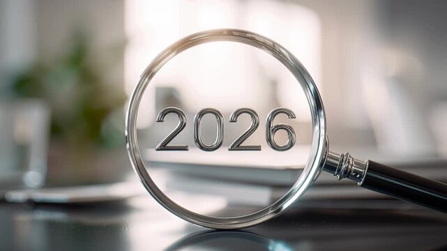 Magnifying glass focusing on the year 2026 on a shiny office desk surface