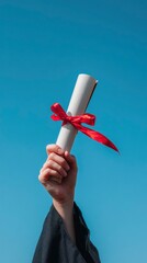 A triumphant moment captured as a hand proudly holds a rolled diploma, elegantly tied with a vibrant red ribbon, against a clear, expansive blue sky. This image symbolizes academic achievement, the cu