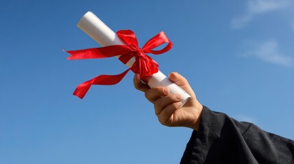 A triumphant hand, partially clad in formal dark attire, proudly holds a rolled-up academic scroll adorned with a vibrant red ribbon, silhouetted against a bright, clear blue sky. This image powerfull