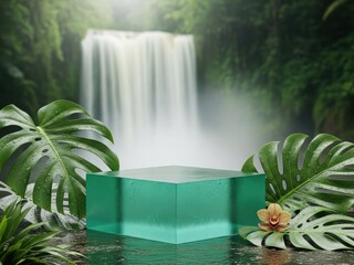 Jungle waterfall backdrop with a clear green podium and tropical leaves