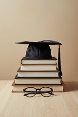 A symbolic still life prominently featuring a meticulously arranged stack of diverse books, thoughtfully crowned with a classic black graduation cap and tassel, resting on a clean, light wooden surfac