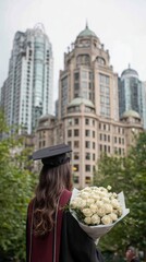 A triumphant and anonymous graduate is captured from behind, donning a traditional cap and gown with a maroon stole, and holding a beautiful, fresh bouquet of white roses. The scene is set against a s