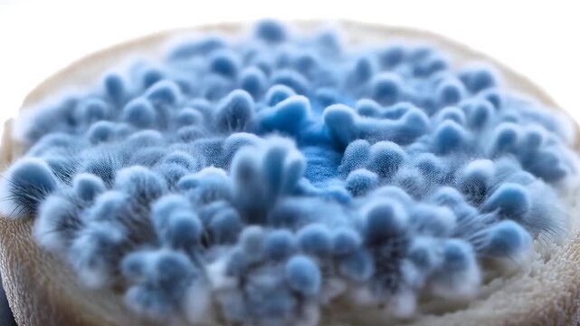 Blue mold colonies spreading across bread surface with dense fuzzy growth organic texture and clear signs of food spoilage detail