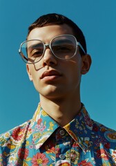 young man in colorful shirt and glasses