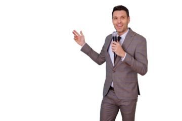 Professional speaker explaining or presenting. Man standing, talking into a microphone, sharing ideas, leading a discussion with confidence