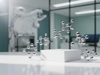 Abstract molecular structures floating above a white podium in a modern laboratory setting