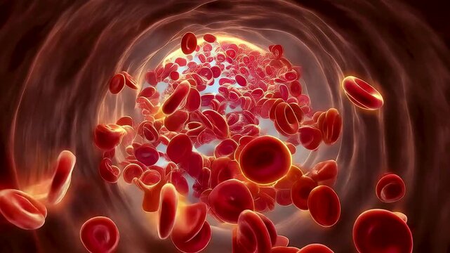 Red blood cells flowing through human artery tunnel with dynamic circulation motion rich biomedical detail and dramatic internal lighting