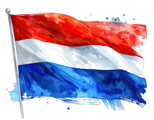 Watercolor illustration of a waving flag with three horizontal stripes; red, white and blue