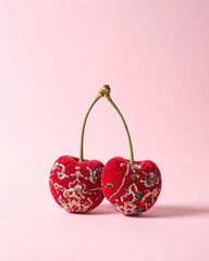 Pair of cherries, creative concept, summer fruit warm, soft texture of floor mats