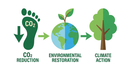 Carbon footprint reduction, environmental restoration, and climate action, illustrated with a foot, globe, and tree. isolated on a white background